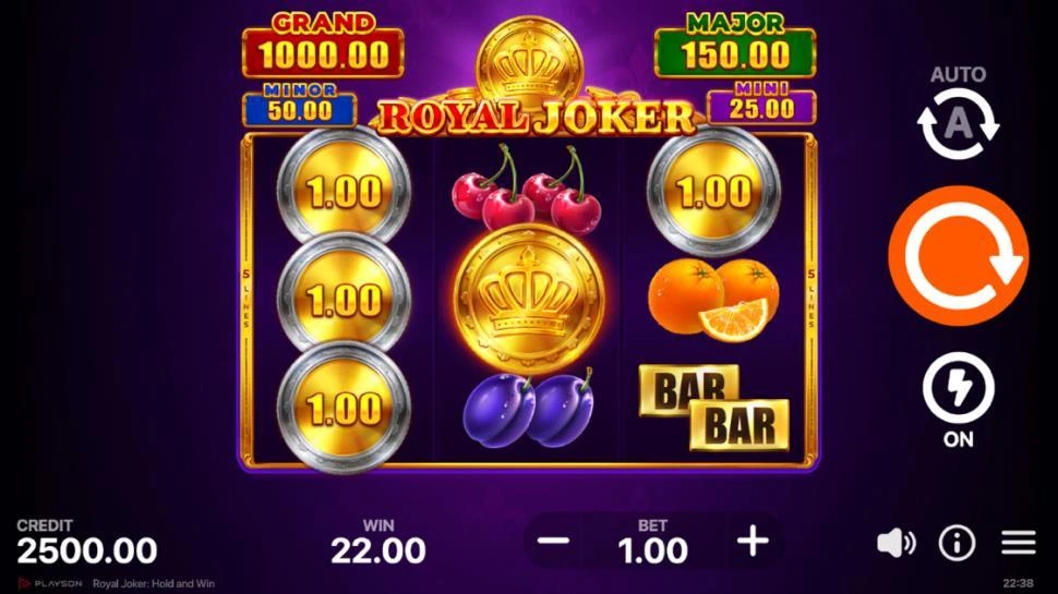Royal Joker: Hold and Win, fruitrollen en bonusmunten op een paars speelveld